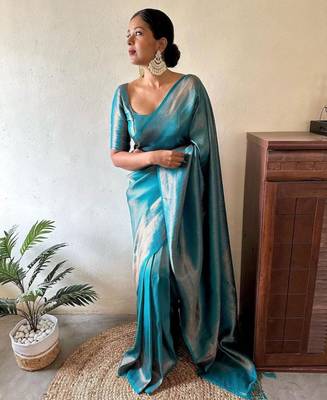 light weight aqua blue self design art silk jacquard saree with unstitched blouse 1