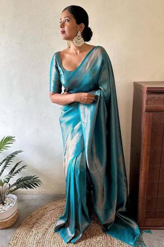 light weight aqua blue self design art silk jacquard saree with unstitched blouse