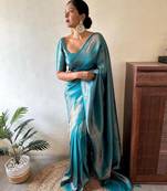 light weight aqua blue self design art silk jacquard saree with unstitched blouse