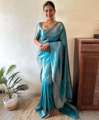 light weight aqua blue self design art silk jacquard saree with unstitched blouse 2