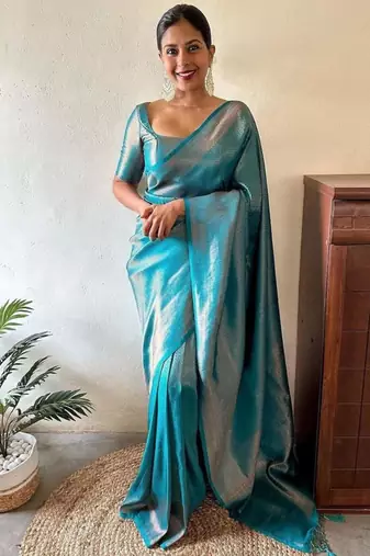light weight aqua blue self design art silk jacquard saree with unstitched blouse