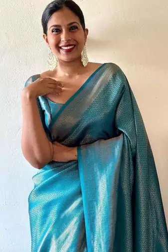 light weight aqua blue self design art silk jacquard saree with unstitched blouse