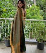 fashionable green woven cotton silk kerala saree with unstitched blouse