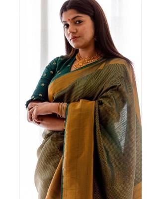 fashionable green woven cotton silk kerala saree with unstitched blouse 3