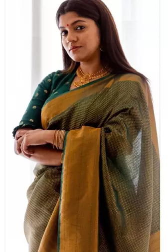fashionable green woven cotton silk kerala saree with unstitched blouse