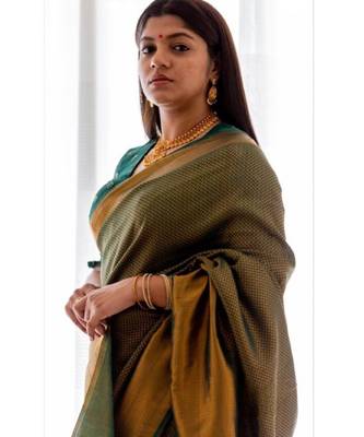 fashionable green woven cotton silk kerala saree with unstitched blouse 4