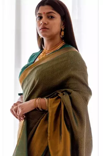 fashionable green woven cotton silk kerala saree with unstitched blouse