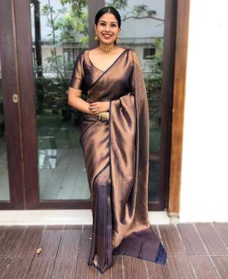 soft navy blue banarasi art silk all seasons saree with unstitched blouse 1