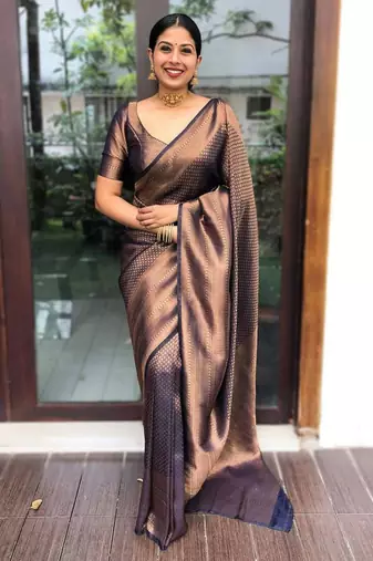 soft navy blue banarasi art silk all seasons saree with unstitched blouse