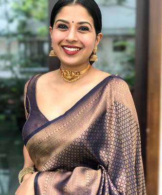 soft navy blue banarasi art silk all seasons saree with unstitched blouse 3
