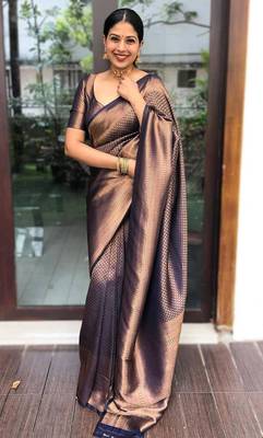 soft navy blue banarasi art silk all seasons saree with unstitched blouse 4