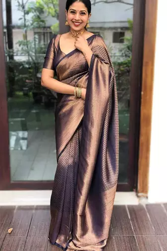 soft navy blue banarasi art silk all seasons saree with unstitched blouse