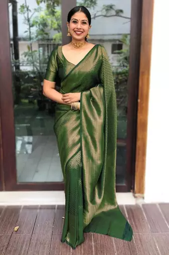 latest parrot green  self design silk cotton bollywood saree with unstitched blouse