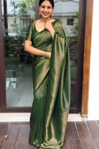  parrot green self design silk cotton saree with unstitched blouse