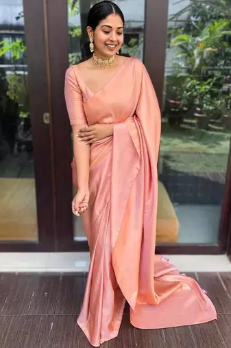 celebrity type peach self design south silk fancy saree with unstitched blouse