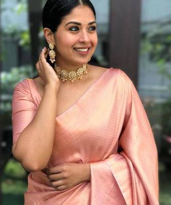celebrity type peach self design south silk fancy saree with unstitched blouse 3