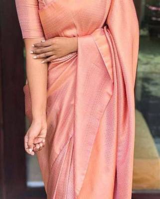 celebrity type peach self design south silk fancy saree with unstitched blouse 4