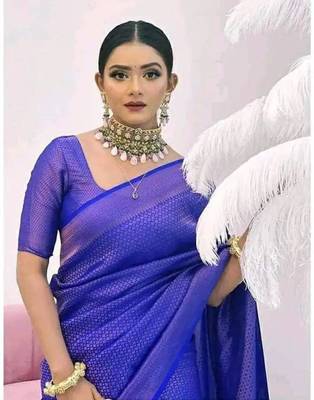 ethnic royal blue resham thread cotton silk kerala saree with unstitched blouse 3