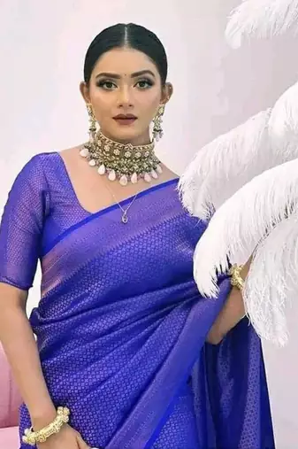 ethnic royal blue resham thread cotton silk kerala saree with unstitched blouse