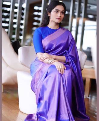 ethnic royal blue resham thread cotton silk kerala saree with unstitched blouse 4