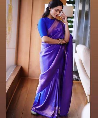 ethnic royal blue resham thread cotton silk kerala saree with unstitched blouse 1