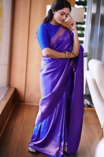 ethnic royal blue resham thread cotton silk kerala saree with unstitched blouse