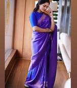 ethnic royal blue resham thread cotton silk kerala saree with unstitched blouse