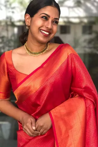  light scarlet red banarasi art silk blend light weight saree with unstitched blouse