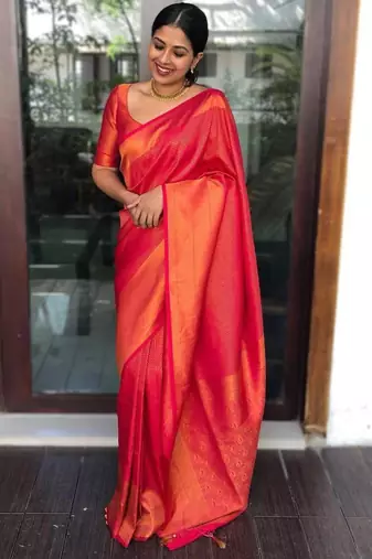  light scarlet red banarasi art silk blend light weight saree with unstitched blouse