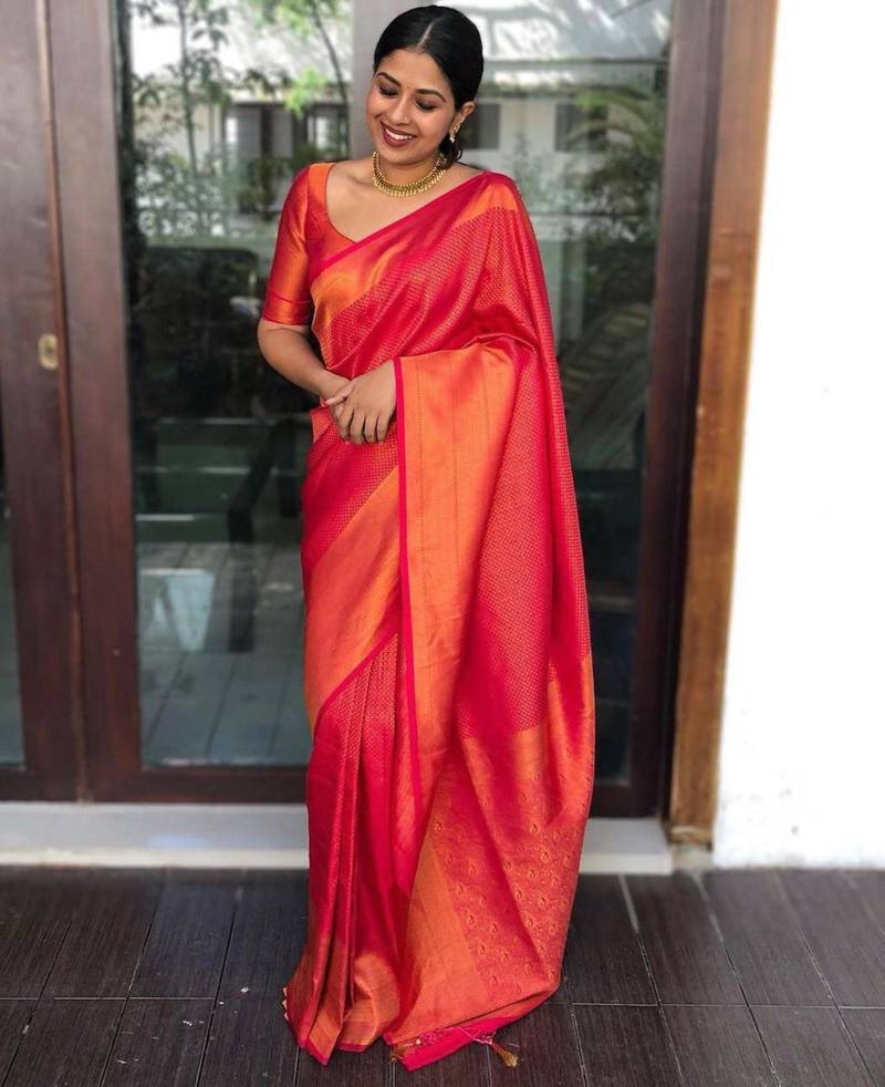 trendy light scarlet red banarasi art silk blend light weight saree with unstitched blouse