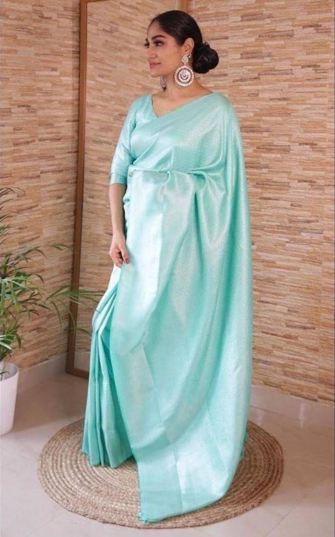 traditional sea green  self design pure art silk blend multicolor saree with unstitched blouse