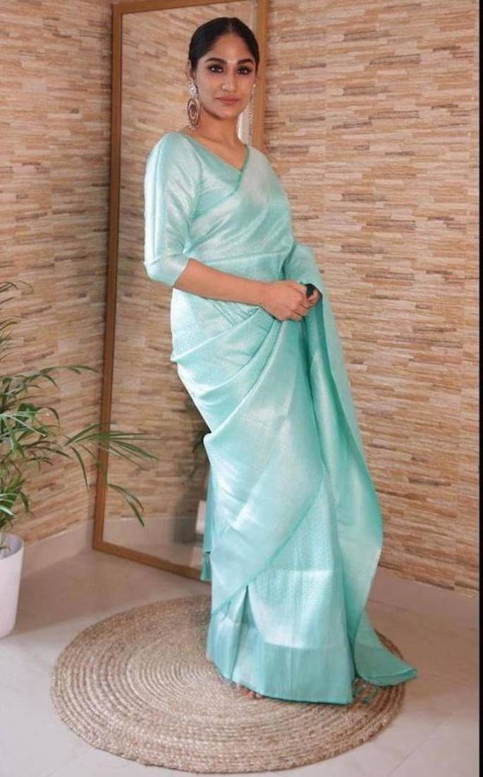 traditional sea green  self design pure art silk blend multicolor saree with unstitched blouse