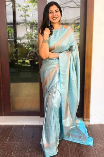 indian sky blue self design art silk all seasons saree with unstitched blouse
