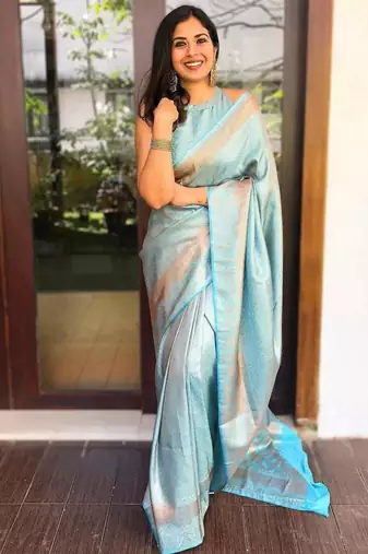 indian sky blue self design art silk all seasons saree with unstitched blouse