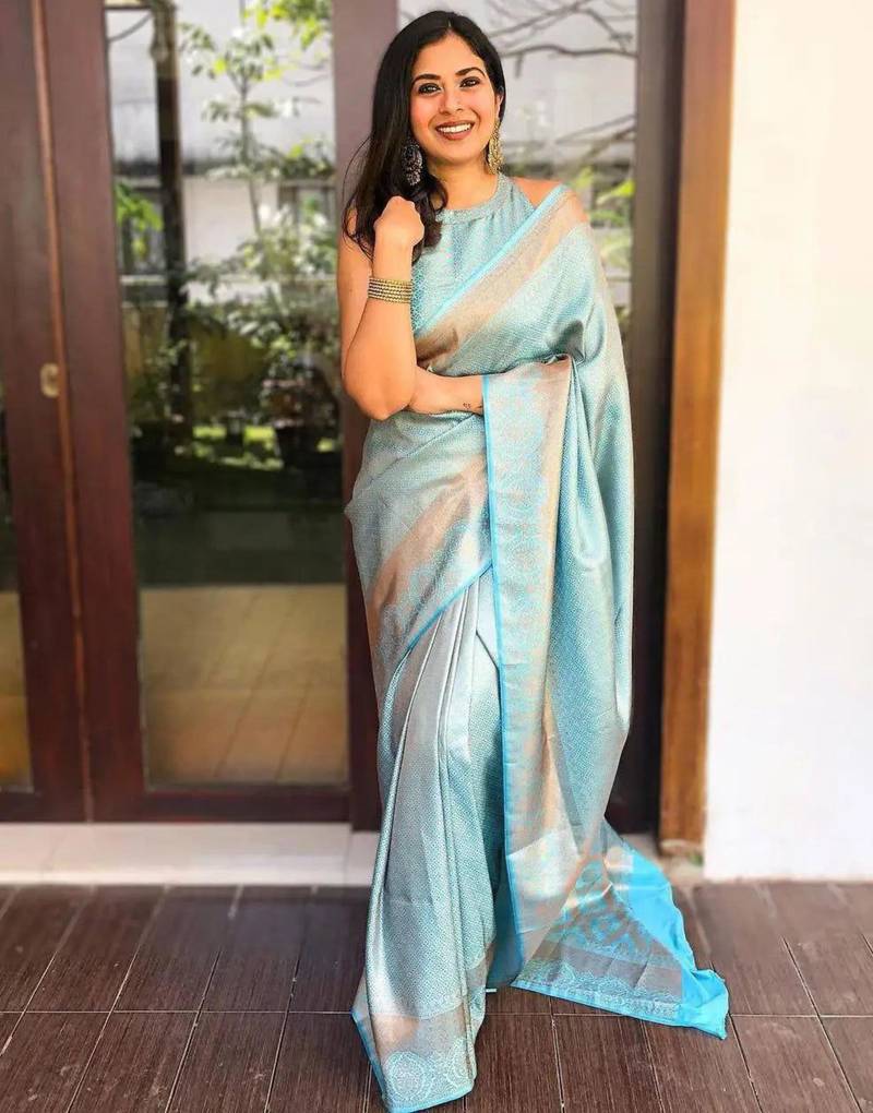 indian sky blue self design art silk all seasons saree with unstitched blouse