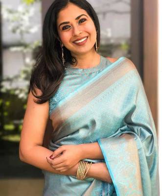 indian sky blue self design art silk all seasons saree with unstitched blouse 3