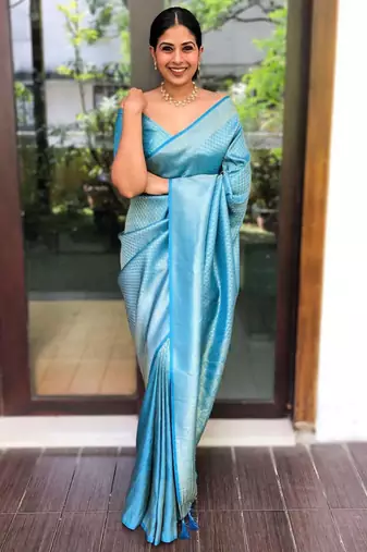 elegance aqua blue woven silk cotton bollywood saree with unstitched blouse