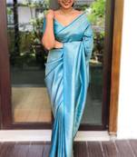 elegance aqua blue woven silk cotton bollywood saree with unstitched blouse