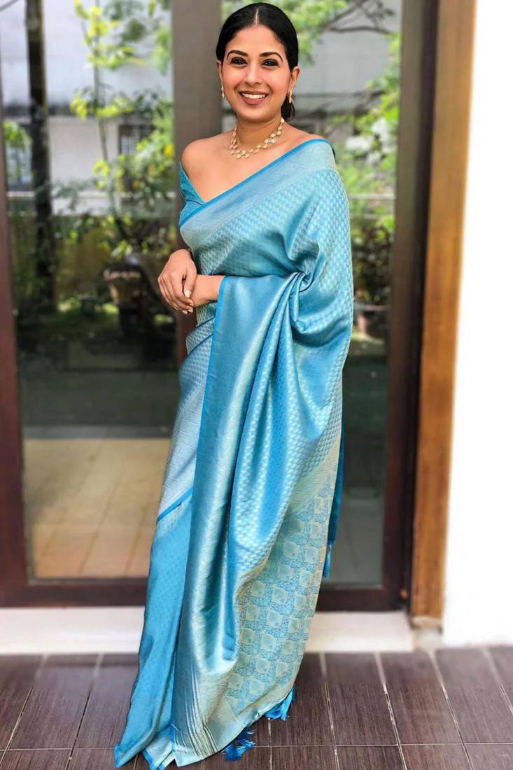 elegance aqua blue woven silk cotton bollywood saree with unstitched blouse