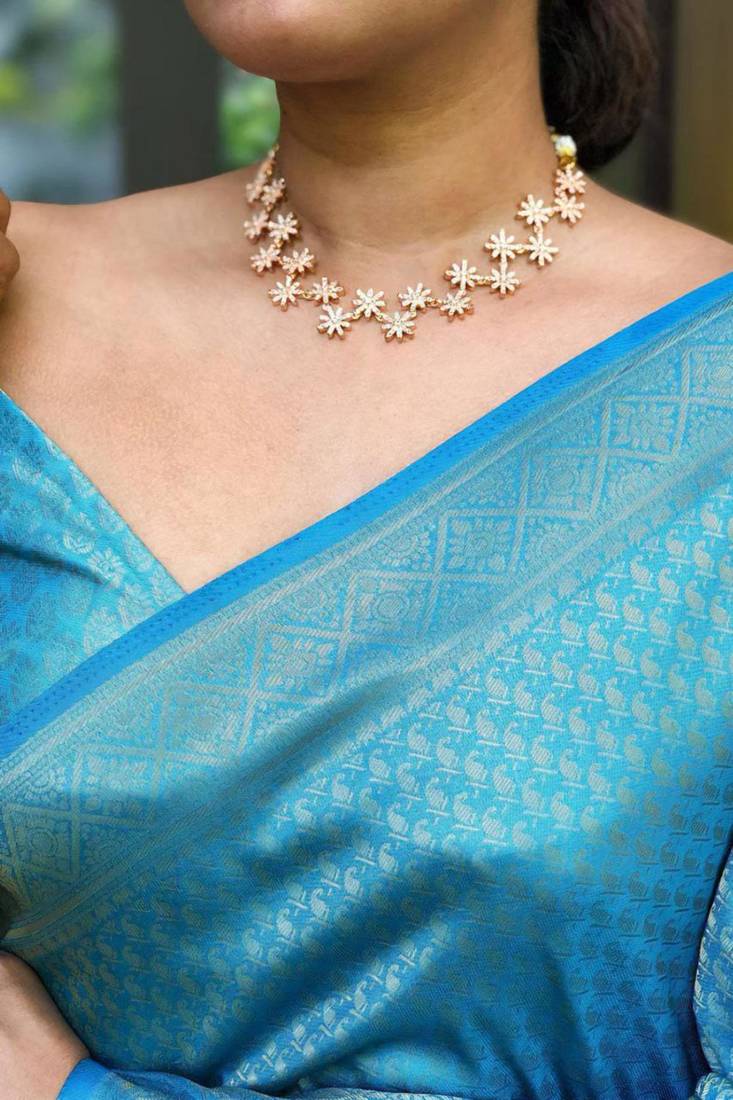 elegance aqua blue woven silk cotton bollywood saree with unstitched blouse