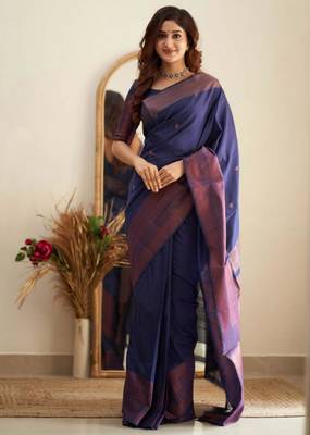  jacquard navy blue resham thread pure art silk gift saree with unstitched blouse 1