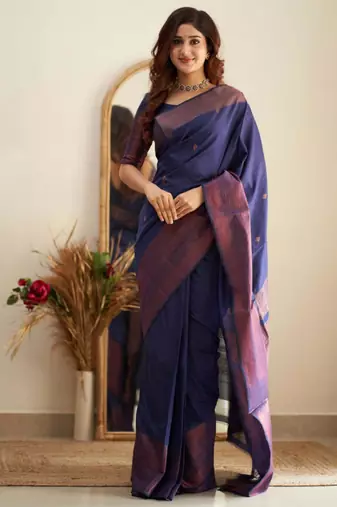 traditional jacquard navy blue resham thread pure art silk gift saree with unstitched blouse
