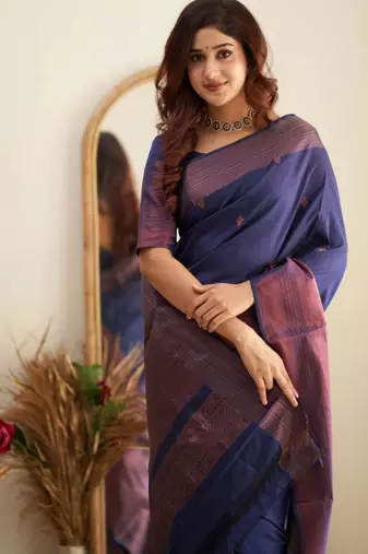  jacquard navy blue resham thread pure art silk gift saree with unstitched blouse
