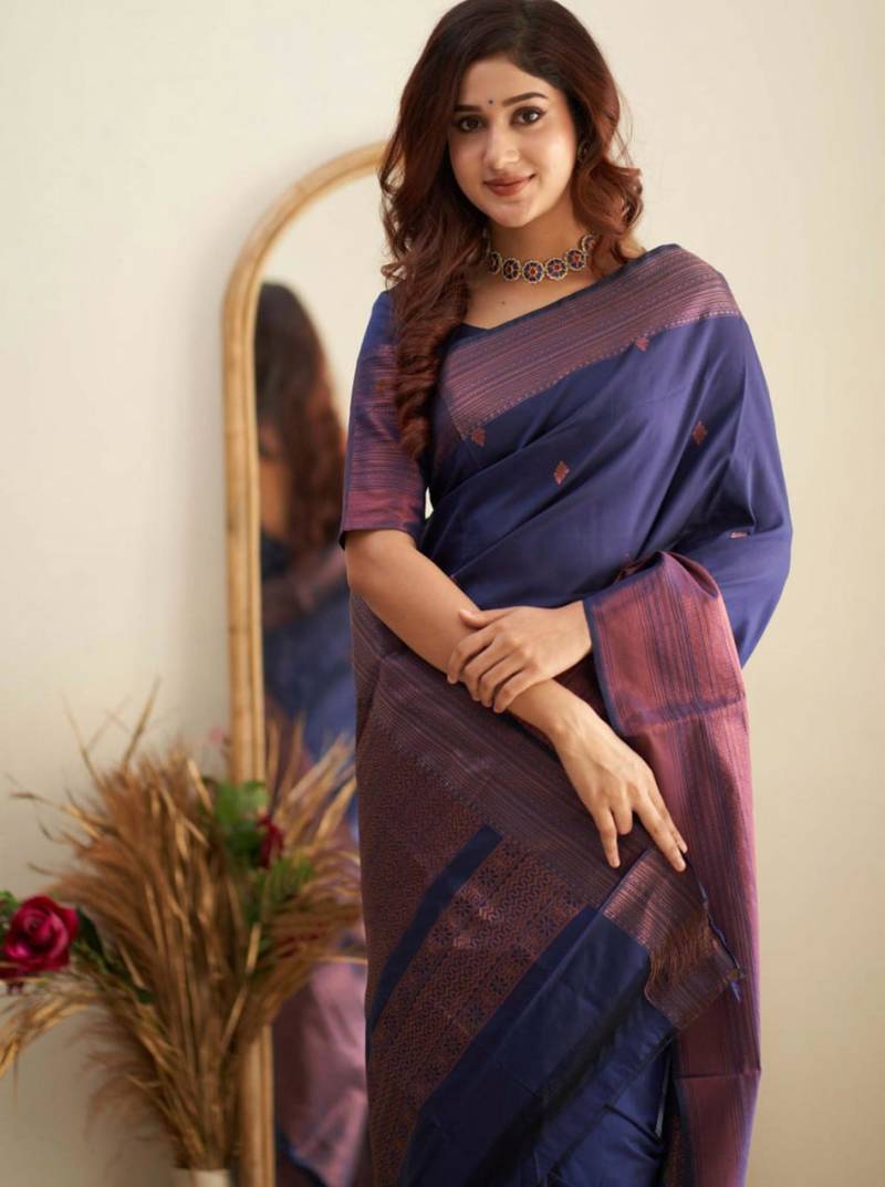 traditional jacquard navy blue resham thread pure art silk gift saree with unstitched blouse