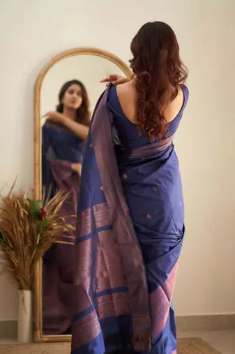  jacquard navy blue resham thread pure art silk gift saree with unstitched blouse