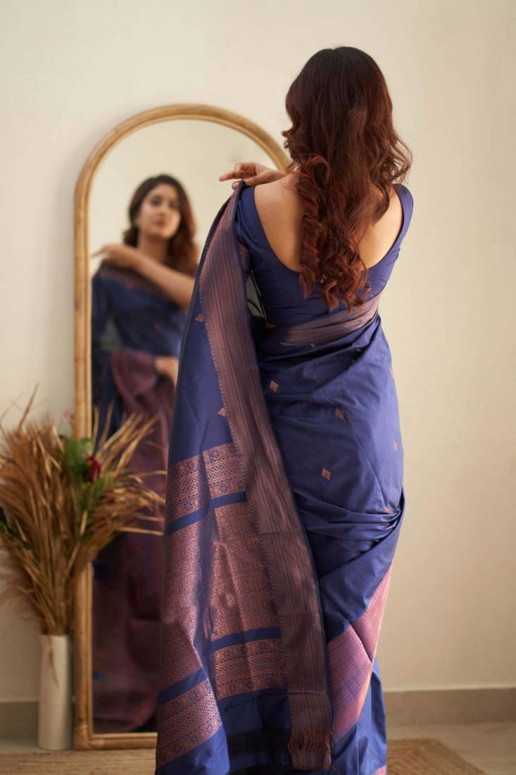 traditional jacquard navy blue resham thread pure art silk gift saree with unstitched blouse