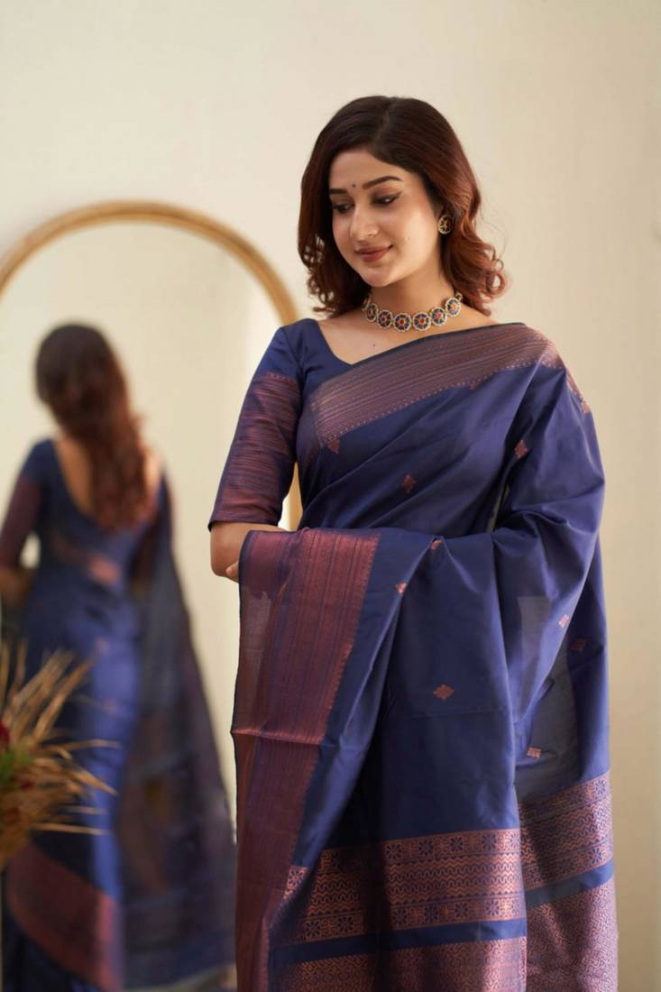 traditional jacquard navy blue resham thread pure art silk gift saree with unstitched blouse