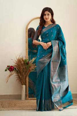  rama green jacquard south silk fancy saree with unstitched blouse 1
