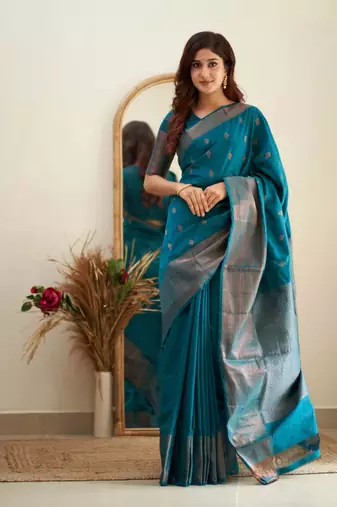 new collection rama green jacquard south silk fancy saree with unstitched blouse