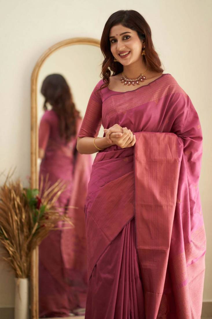 celebrity inspired dark hot pink banarasi art silk jacquard saree with unstitched blouse